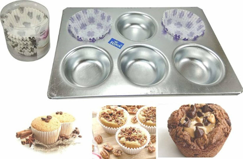 Rolex Aluminium 6 Cups Round Shape Muffin Tray Round with Pack of 100 Paper Liners (9 cm)