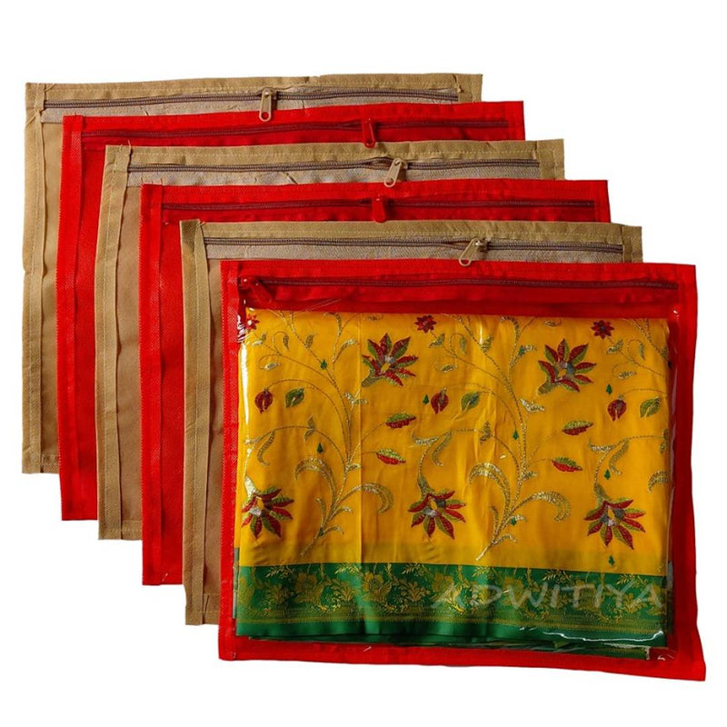 Set of 6 - Single Nonwoven Saree Cover - Red & Beige
