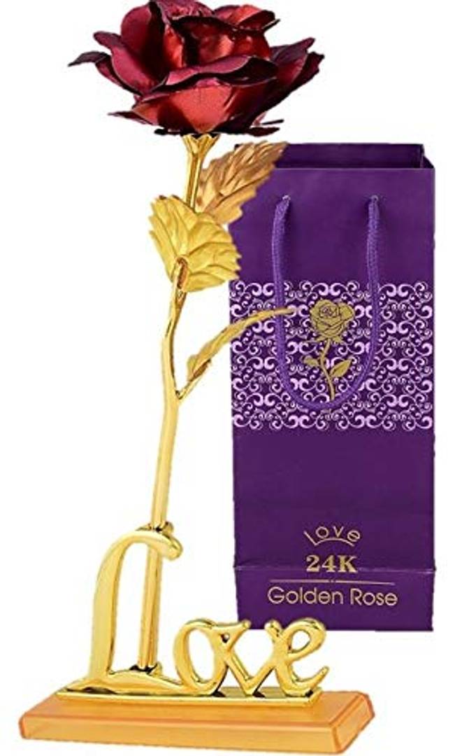 24K artificial  Red Rose 10 Inches With Love Stand - Best Gift For Loves Ones, Valentine's Day, Mother's Day, Anniversary, Birthday