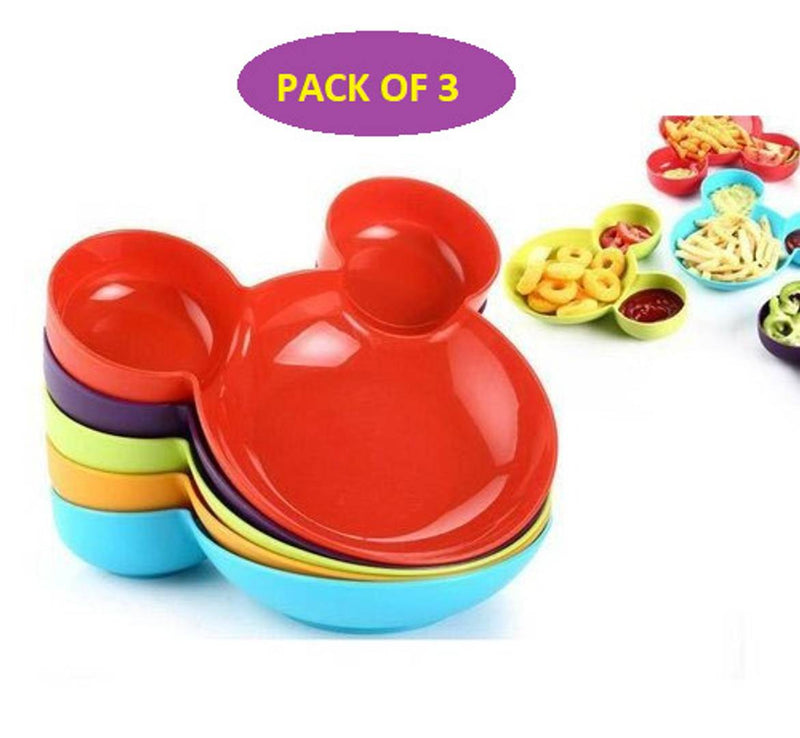 Kids Attractive Plastic Sectioned Feeding Mickey Plate  - Pack Of 3 - Assorted Colors