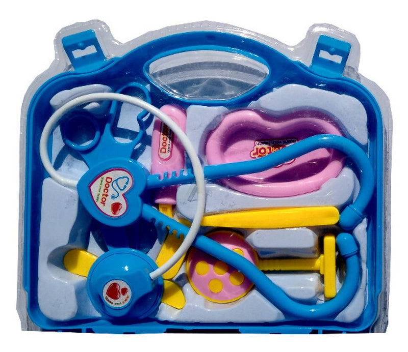 DOCTOR SET LIGHT BLUE SUITCASE WITH MULTI PRINTED MASK & MULTI COLOR TORCH LIGHT FREE