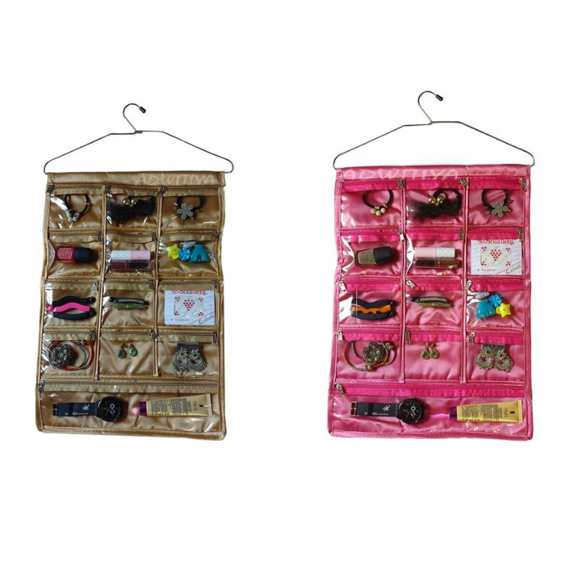 Set of 2 - Satin 13 Pockets Hanging Organizer - Golden & Pink