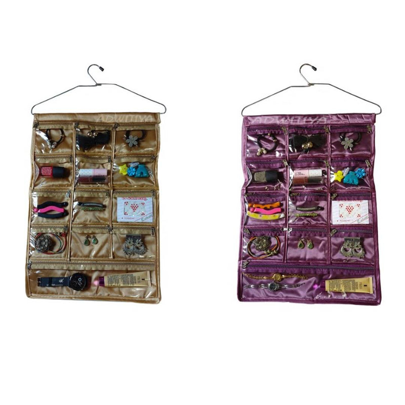 Set of 2 - Satin 13 Pockets Hanging Organizer - Golden & Purple