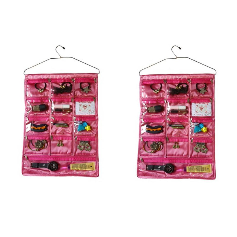 Set of 2 - Satin 13 Pockets Hanging Organizer - Pink