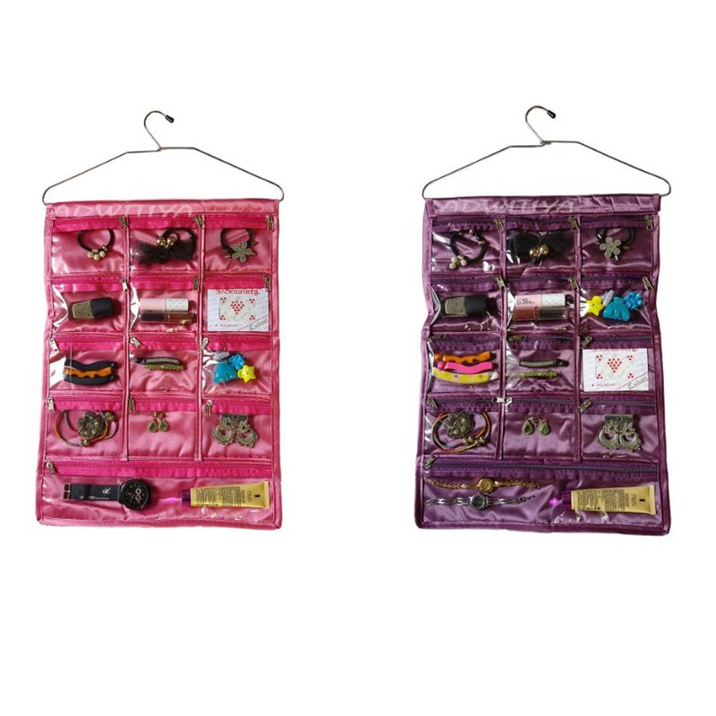 Set of 2 - Satin 13 pockets Hanging Organizer - Pink & Purple