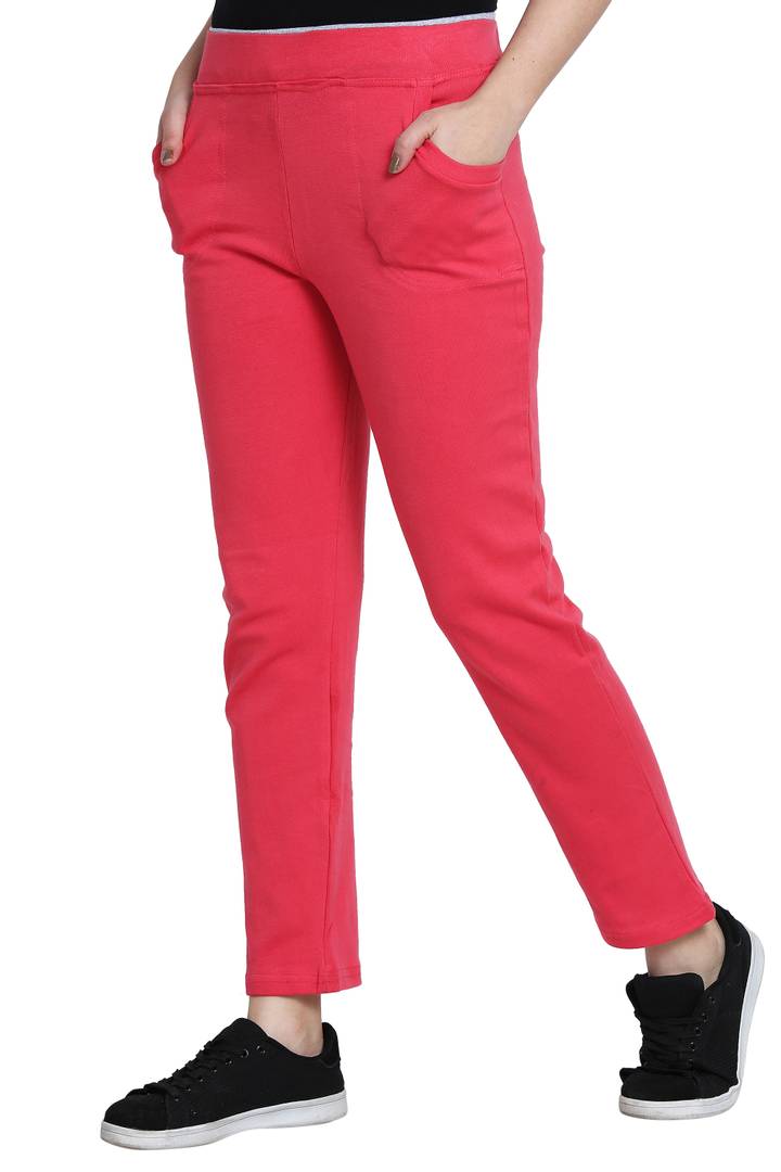 Stylish Hosiery Pink Solid Two Side Pocket Elasticated Waist Trouser For Women