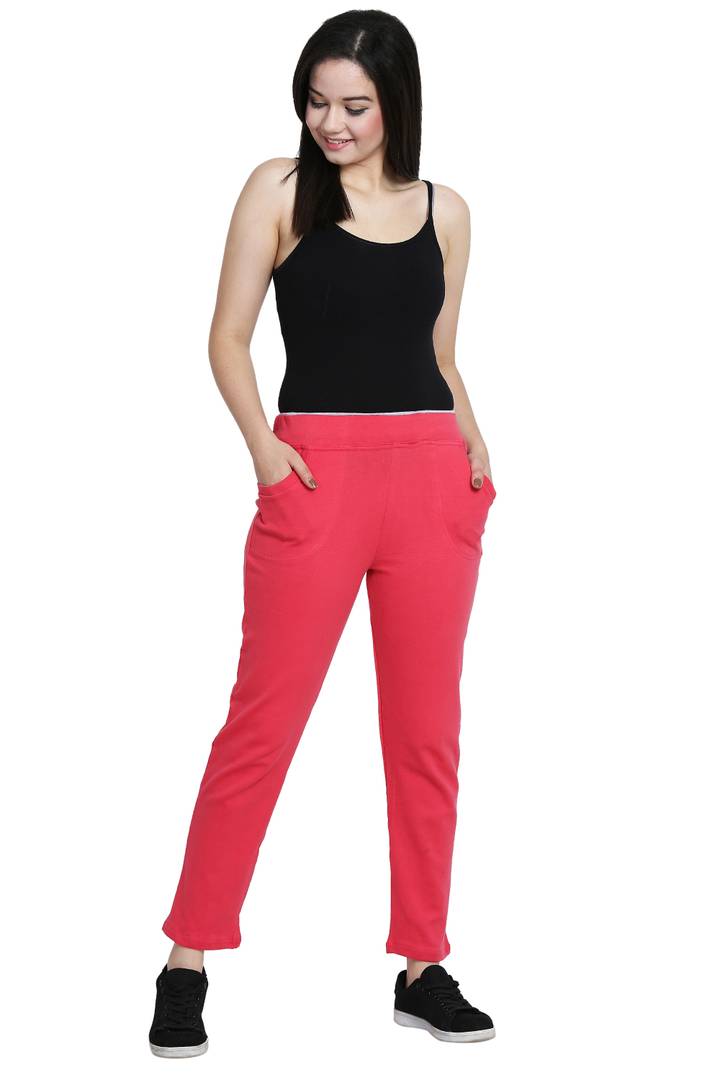 Stylish Hosiery Pink Solid Two Side Pocket Elasticated Waist Trouser For Women