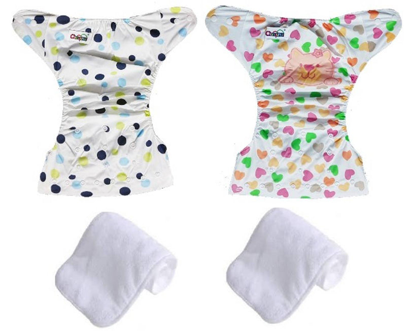 Printed Washable Reusable Button Pocket Cloth Diaper With 4 layered Insert- Pack Of 2 (Green Dots , Cat )