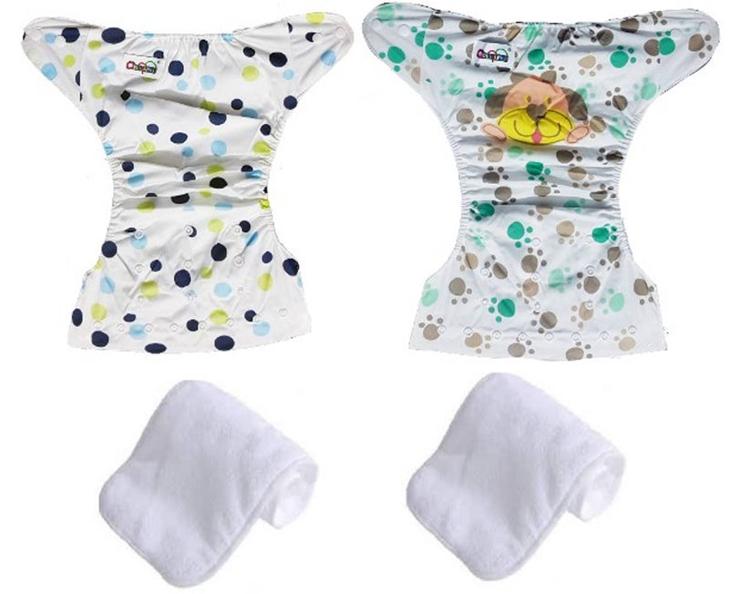 Printed Washable Reusable Button Pocket Cloth Diaper With 4 layered Insert- Pack Of 2 (Green Dots , Puppy )