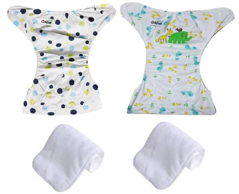 Printed Washable Reusable Button Pocket Cloth Diaper With 4 layered Insert- Pack Of 2 (Green Dots , Elephant )
