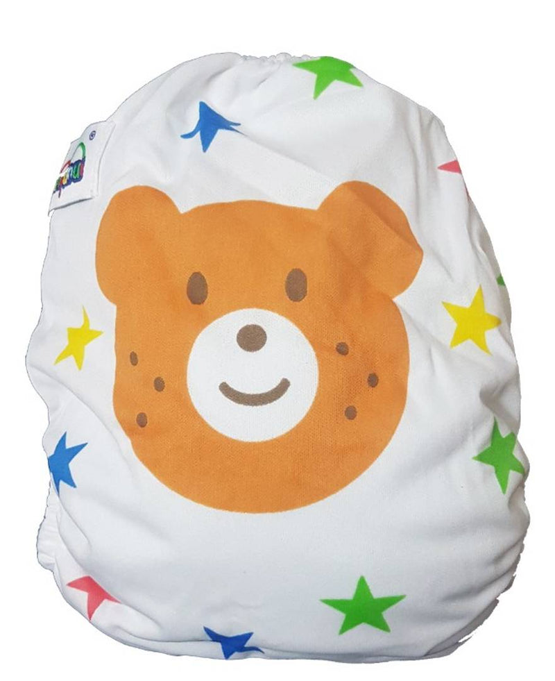Printed Washable Reusable Button Pocket Cloth Diaper With 4 layered Insert- Pack Of 2 (Green Dots , Bear )