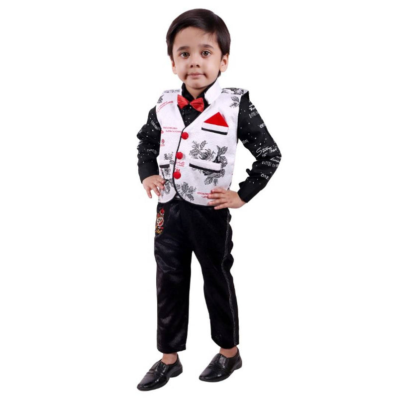 Elegant Black Cotton Printed Shirts Jeans Set with Waist Coat And Tie For Boys