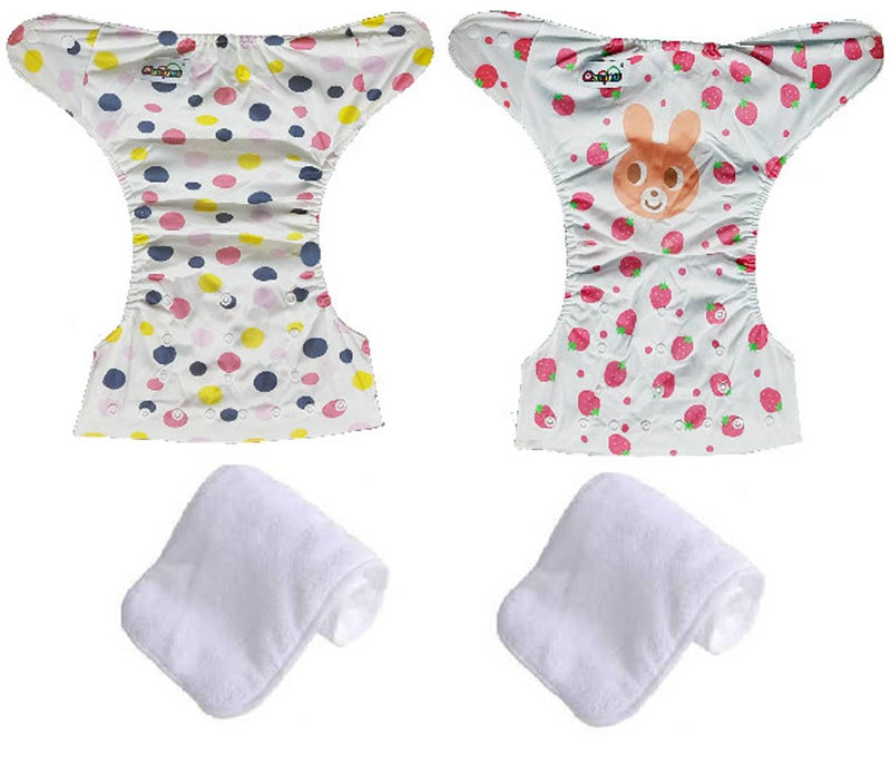Printed Washable Reusable Button Cloth Diaper With 4 layered Insert- Pack Of 2 (Pink Blue Dots , Rabbit)