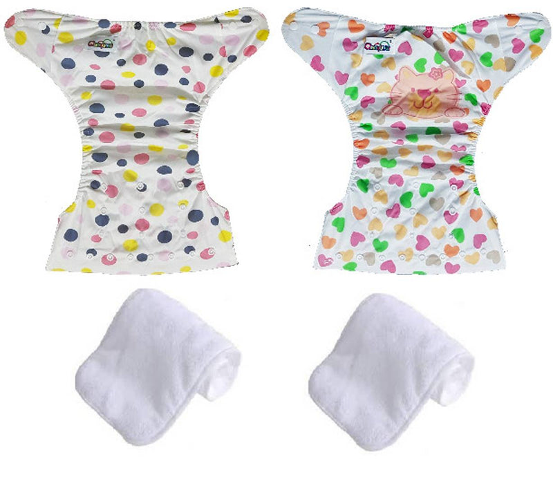 Printed Washable Reusable Button Cloth Diaper With 4 layered Insert- Pack Of 2 (Pink Blue Dots , Cat)