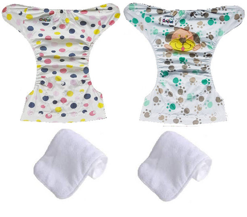 Printed Washable Reusable Button Cloth Diaper With 4 layered Insert- Pack Of 2 (Pink Blue Dots , Puppy)