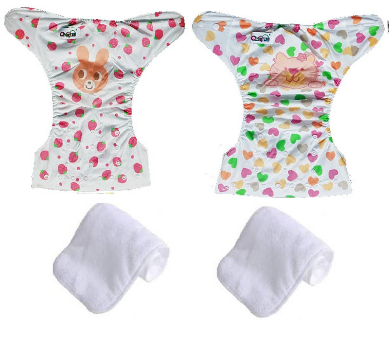 Printed Washable Reusable Button Pocket Cloth Diaper With 4 layered Insert- Pack Of 2 (Bunny , Cat)