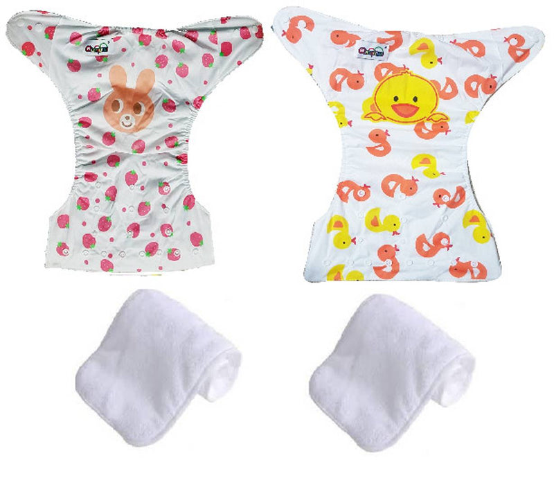 Printed Washable Reusable Button Pocket Cloth Diaper With 4 layered Insert- Pack Of 2 (Bunny , Duck)