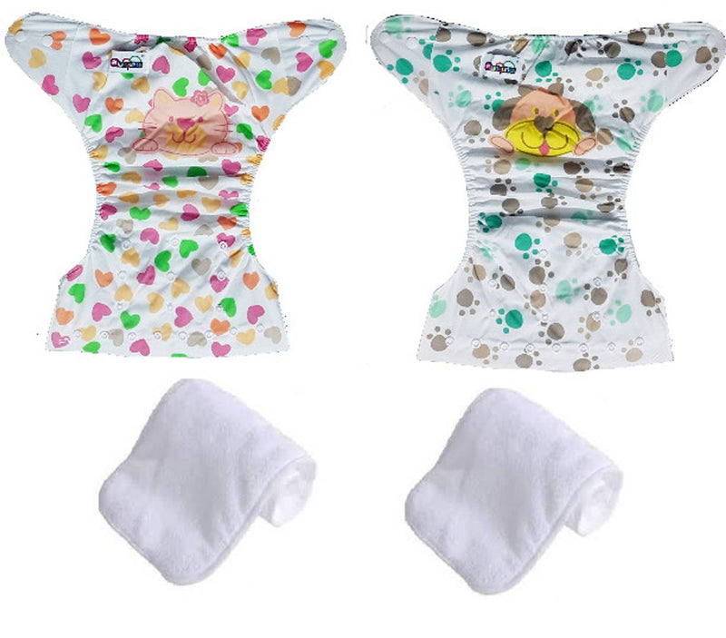 Printed Washable Reusable Button Pocket Cloth Diaper With 4 layered Insert- Pack Of 2 (Kitty , Puppy)