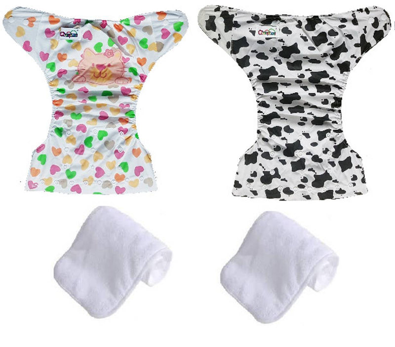Printed Washable Reusable Button Pocket Cloth Diaper With 4 layered Insert- Pack Of 2 (Kitty , Dog)