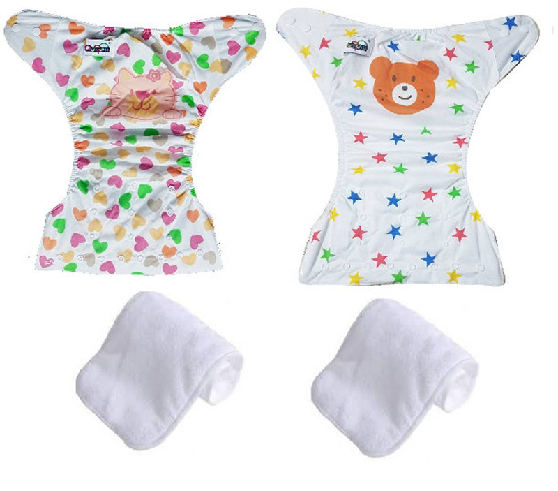Printed Washable Reusable Button Pocket Cloth Diaper With 4 layered Insert- Pack Of 2 (Kitty , Bear)
