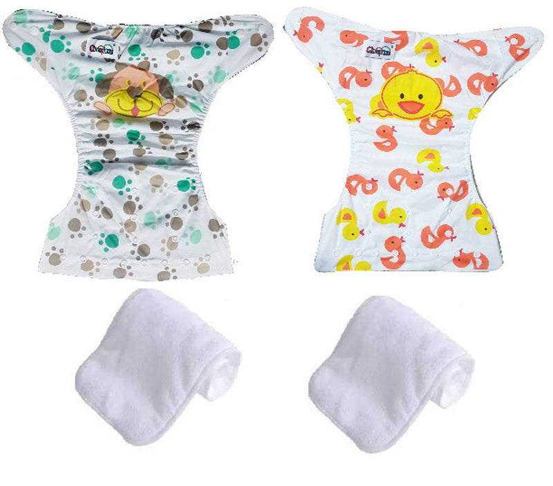 Printed Washable Reusable Button Pocket Cloth Diaper With 4 layered Insert- Pack Of 2 (Puppy , Duck )