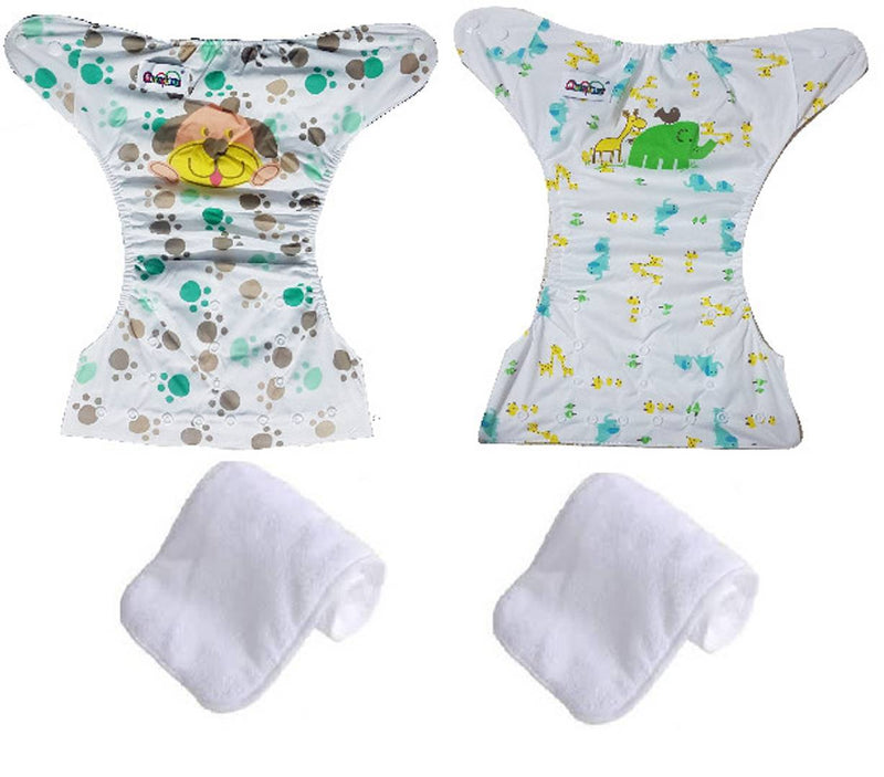 Printed Washable Reusable Button Pocket Cloth Diaper With 4 layered Insert- Pack Of 2 (Puppy , Elephant)