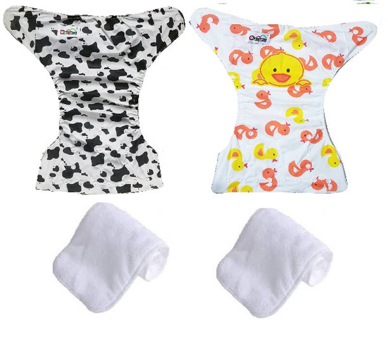 Printed Washable Reusable Button Pocket Cloth Diaper With 4 layered Insert- Pack Of 2 (Dog , Duck )