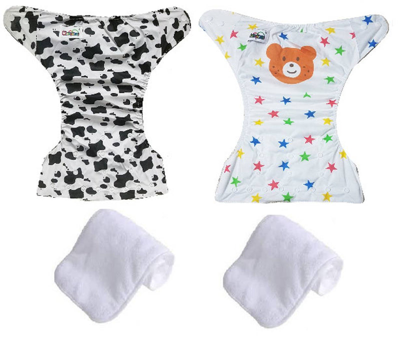 Printed Washable Reusable Button Pocket Cloth Diaper With 4 layered Insert- Pack Of 2 (Dog , Bear )