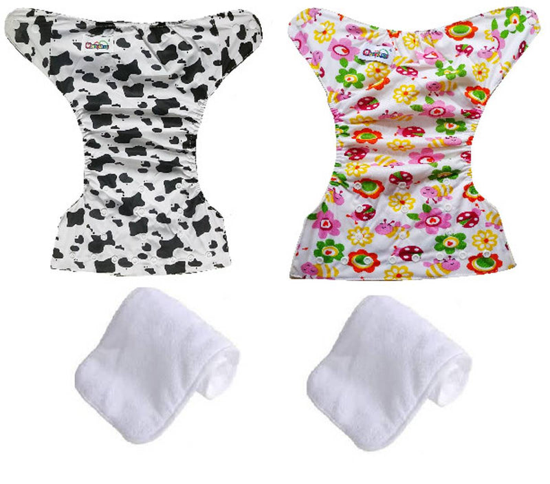 Printed Washable Reusable Button Pocket Cloth Diaper With 4 layered Insert- Pack Of 2 (Dog , Bee)
