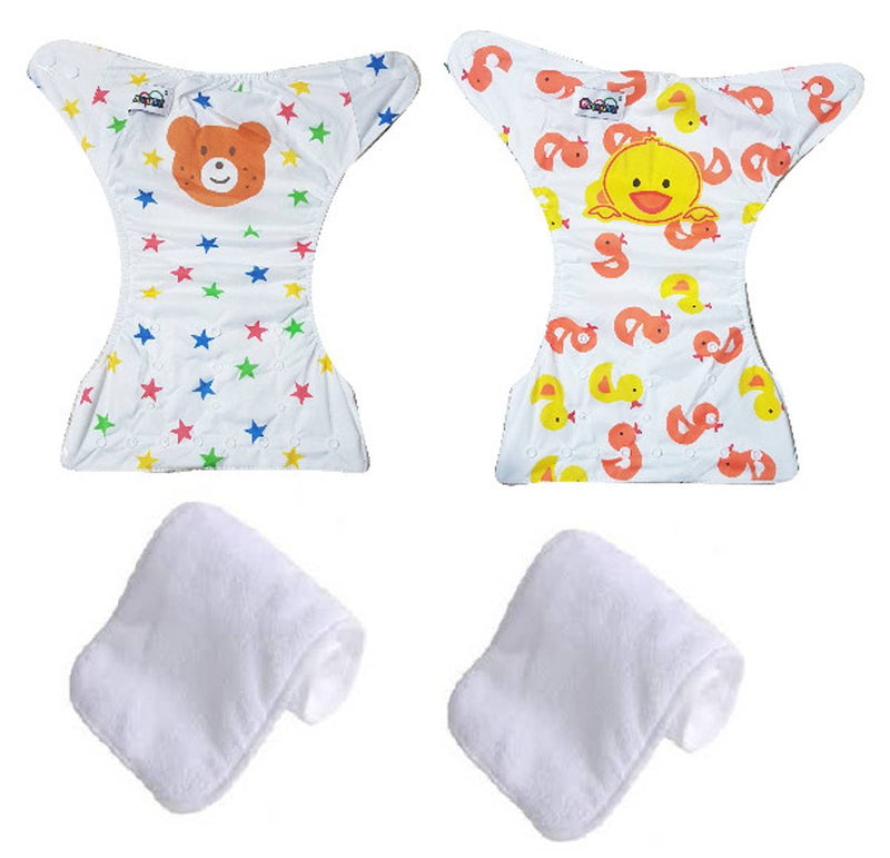 Printed Washable Reusable Button Pocket Cloth Diaper With 4 layered Insert- Pack Of 2 (Duck , Bear )