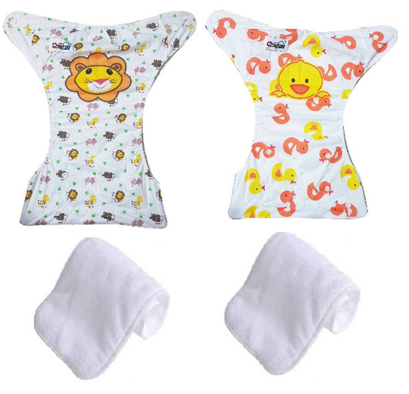 Printed Washable Reusable Button Pocket Cloth Diaper With 4 layered Insert- Pack Of 2 (Duck , Lion )