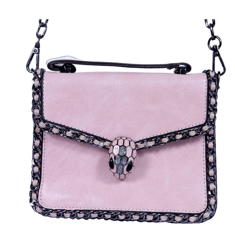 Stylish Snake Head Lock Real Leather Shoulder Chain Bag (Pink)