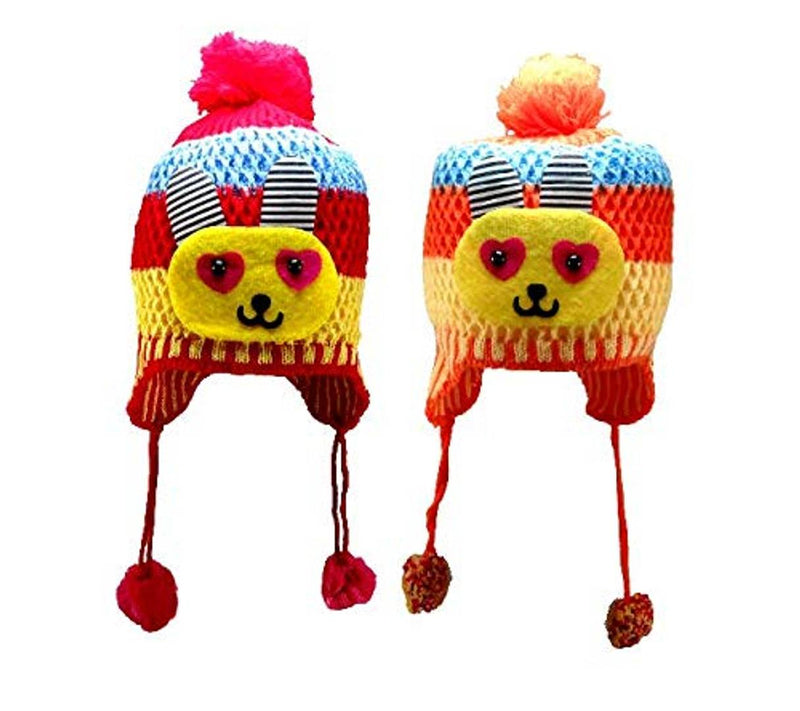 UBL BUYMOOR Baby Winter Warm Soft Kids Colorful Woolen Cap Boys & Girl's Little Kids Knitted Beanie Hat Baby Cute Cartoon Teddy Bear Winter Warm for 1-12 Years Old (Pack of 2)(RED and Orange)