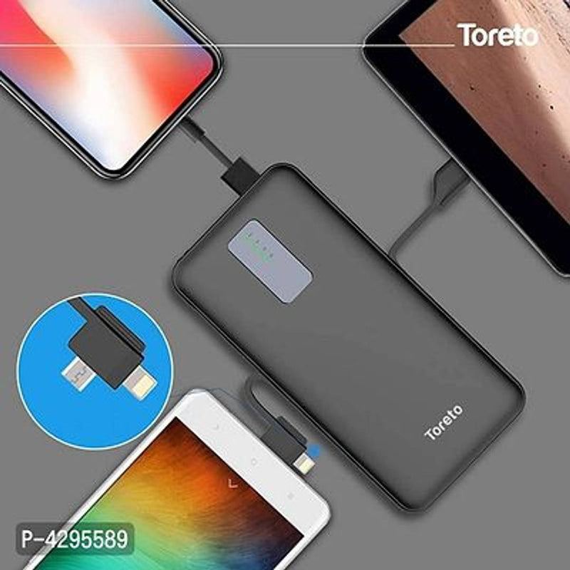 Toreto Trilogy-1005, 12,000 MAh Li-Polymer Power Bank With 2.4 Amp Fast Charge And In-Built Type-C/IOS/Micro Cables With BIS Certification