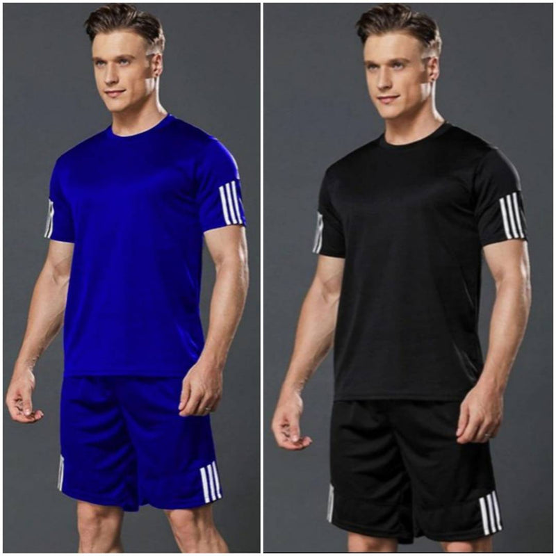Elite Polyester Spandex Self Pattern Sports Tees And Shorts Set For Men- Pack Of 2