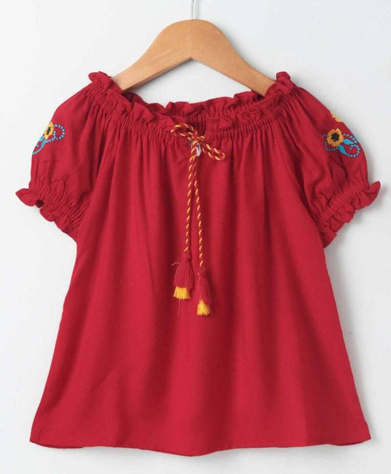 Stylish Red Rayon Dobby Top With Ruffle At Neck And Sleeves For Girls