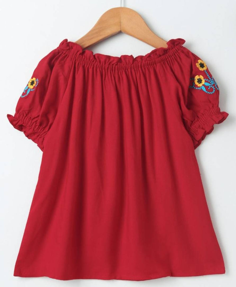 Stylish Red Rayon Dobby Top With Ruffle At Neck And Sleeves For Girls