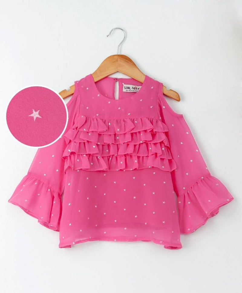 Stylish Pink Rayon Dobby Top With Ruffle At Neck And Sleeves For Girls