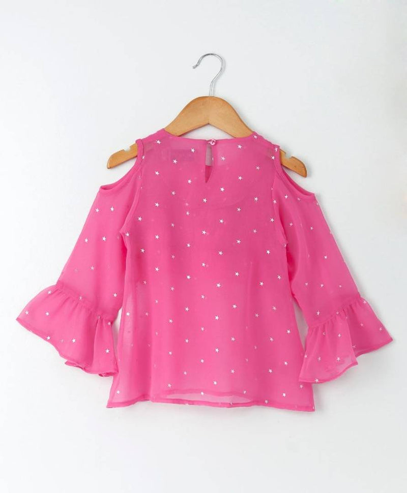 Stylish Pink Rayon Dobby Top With Ruffle At Neck And Sleeves For Girls