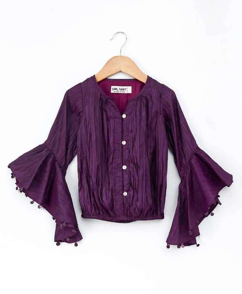 Stylish Purple Rayon Dobby Top With Ruffle At Neck And Sleeves For Girls