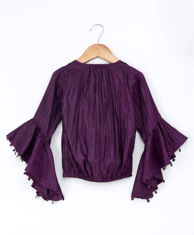 Stylish Purple Rayon Dobby Top With Ruffle At Neck And Sleeves For Girls