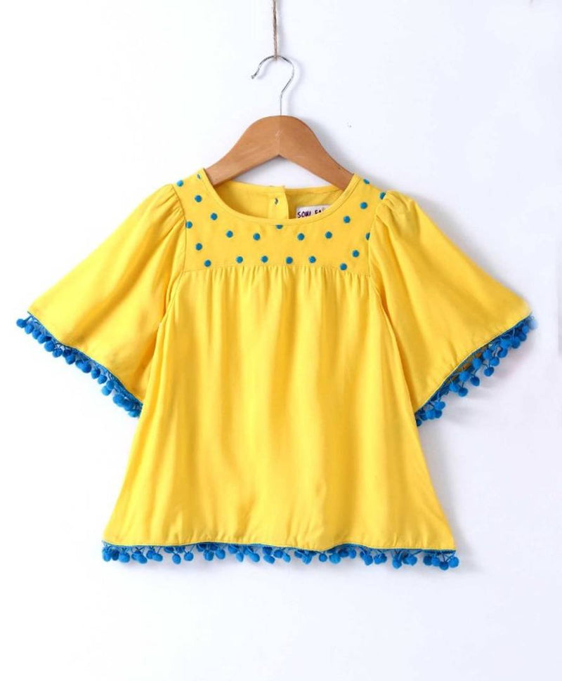 Stylish Yellow Georgette Top With Lace Yoke For Girls
