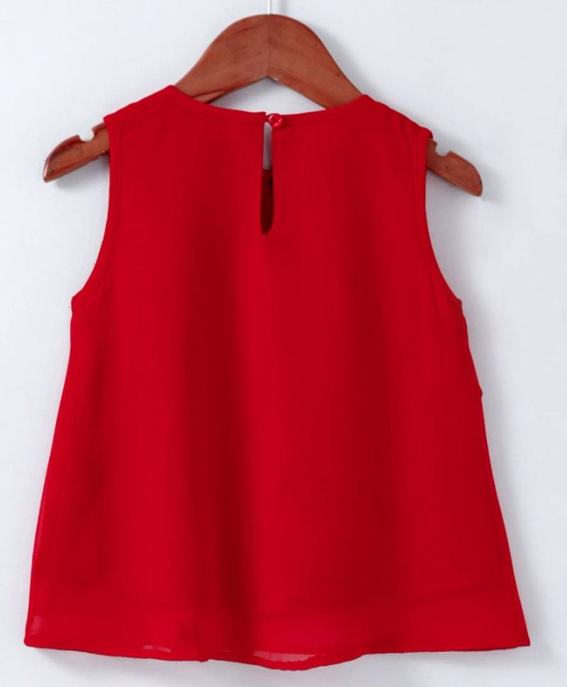 Stylish Red Georgette Top With Lace Yoke For Girls