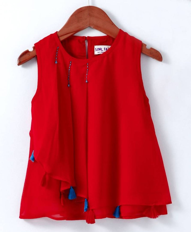 Stylish Red Georgette Top With Lace Yoke For Girls