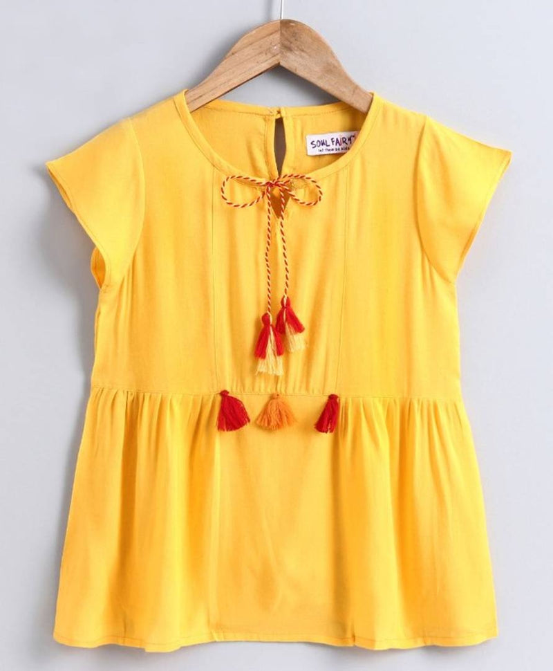 Stylish Yellow Rayon Top With Tassels And Dori For Girls