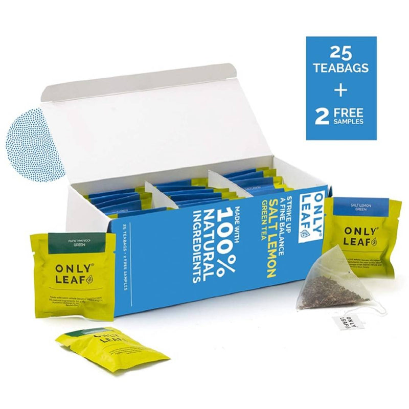 ONLYLEAF Salt Lemon Green Tea (27 Pyramid Tea Bags) for Balanced Nutrient Absorption & Natural Body Detox, Made with 100% Natural Ingredients & Lemon Salt (25 Tea Bags + 2 Free Samples)