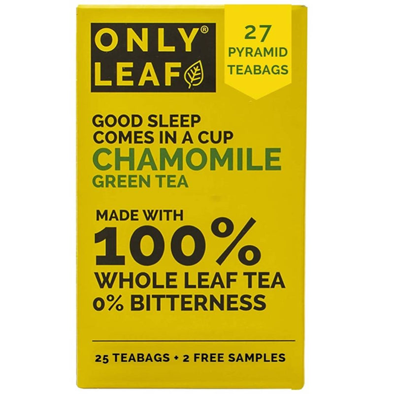 ONLYLEAF Chamomile Green Tea For Stress Relief & Good Sleep, Made with 100% Whole Leaf & Natural Chamomile Flowers, 27 Pyramid Tea Bags (25 Tea Bags + 2 Free Samples)