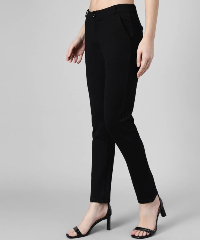 Stunning Black Roma Cotton Regular Fit Solid Formal Trouser For Women