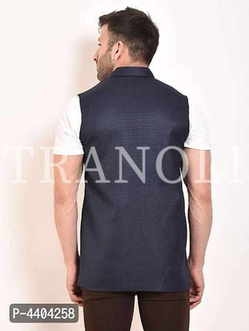 TRANOLI Fashionable Navy Blue Jute Solid Waistcoat For Men