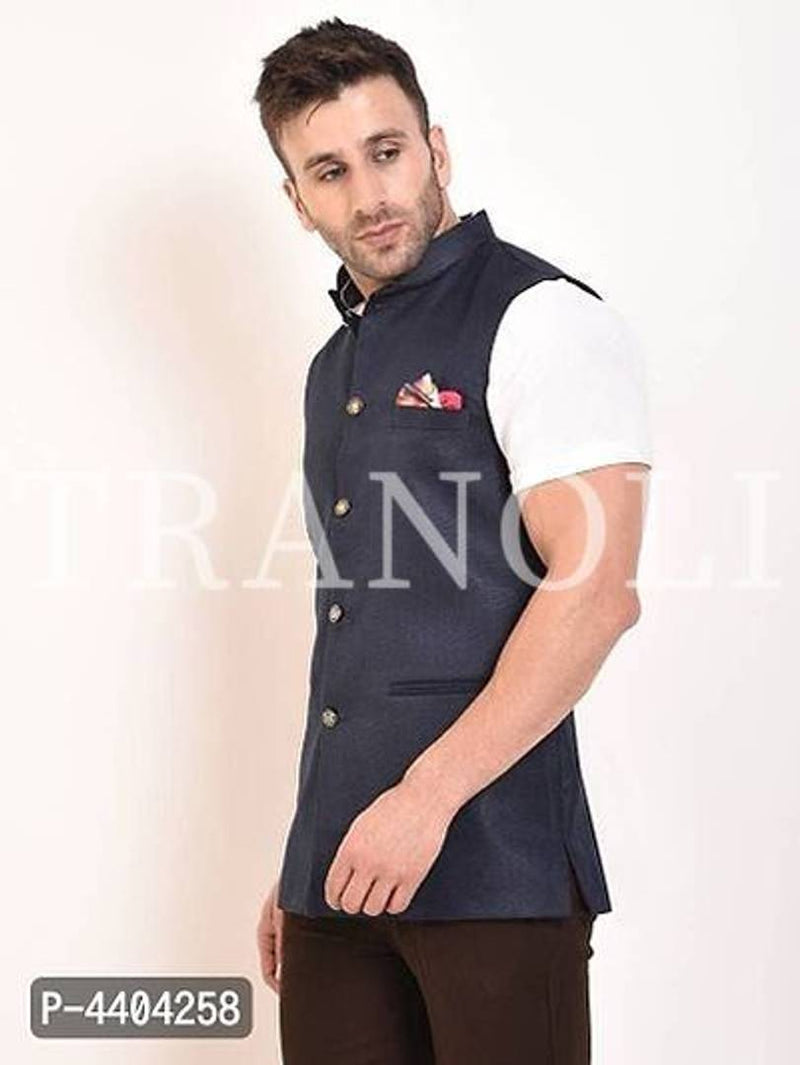 TRANOLI Fashionable Navy Blue Jute Solid Waistcoat For Men
